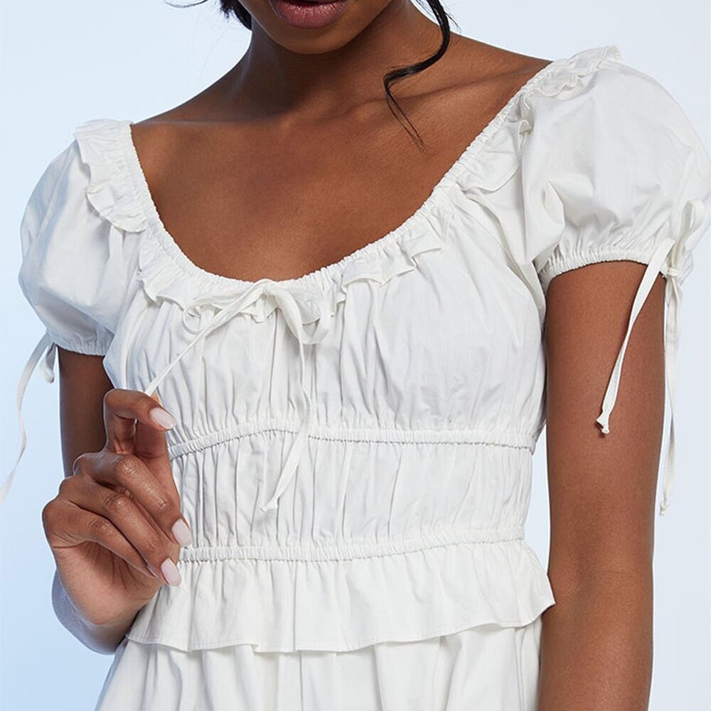 ☁️ White Tie Front Puff Sleeves Cotton Mini Dress - Picture 3 of 16
